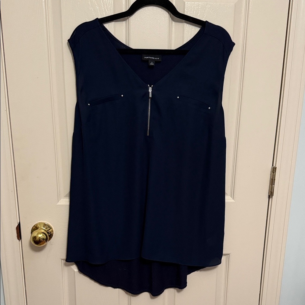 Stylish Navy V-Neck Blouse with Zipper